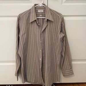 Yves Saint Laurent Men's Vertical Stripe Button-Down in Taupe and Beige